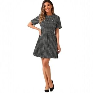 NWT Allegra K Plaid Tweed vintage style madmen short sleeve black dress Sz M